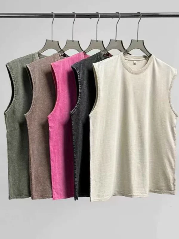 Summer Men's Washed Cotton Tank Tops Muscle Gym Sleeveless Workout T Shirts Running Beach Loose Cutoff Tees 2
