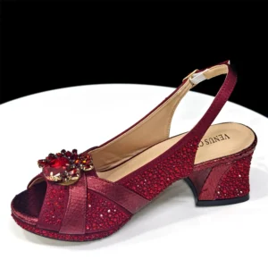 2025 Elegant Women's Peep-Toe Heels and Matching Wine Color Diamond Pumps Set - Stylish Italian Shoes and Bags for Parties - Image 6