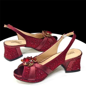 2025 Elegant Women's Peep-Toe Heels and Matching Wine Color Diamond Pumps Set - Stylish Italian Shoes and Bags for Parties - Image 4