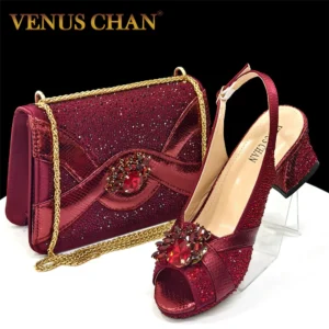 2025 Elegant Women's Peep-Toe Heels and Matching Wine Color Diamond Pumps Set - Stylish Italian Shoes and Bags for Parties - Image 1
