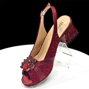 2025 Elegant Women's Peep-Toe Heels and Matching Wine Color Diamond Pumps Set - Stylish Italian Shoes and Bags for Parties - Image 5