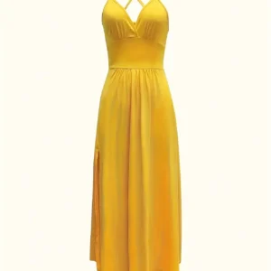 2026 Casual Sexy Slit Lace-Up Backless Camisole Dress, Elegant Sleeveless V-Neck Cinched Waist Dress, Women's Party Outfit - Image 2