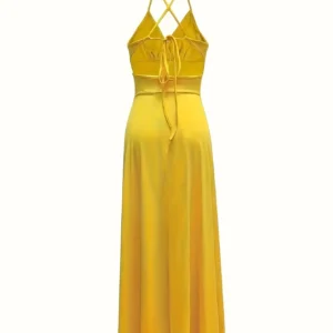 2026 Casual Sexy Slit Lace-Up Backless Camisole Dress, Elegant Sleeveless V-Neck Cinched Waist Dress, Women's Party Outfit - Image 3