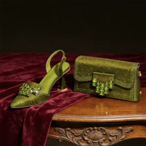 2026 INS Italian Design Olive Green rhinestone Pointed-Toe Women's High Heels & Matching Bag Set - Ideal for Parties & Weddings - Image 2