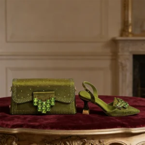 2026 INS Italian Design Olive Green rhinestone Pointed-Toe Women's High Heels & Matching Bag Set - Ideal for Parties & Weddings - Image 3