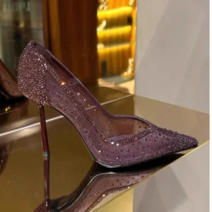 Blue mesh diamond studded pointed high-heeled shoes with fine heels crystal shoes, new slim heels hollowed out lace single shoes - Image 2