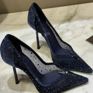 Blue mesh diamond studded pointed high-heeled shoes with fine heels crystal shoes, new slim heels hollowed out lace single shoes - Image 4