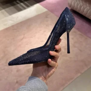 Blue mesh diamond studded pointed high-heeled shoes with fine heels crystal shoes, new slim heels hollowed out lace single shoes - Image 3