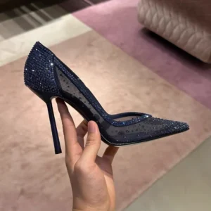 Blue mesh diamond studded pointed high-heeled shoes with fine heels crystal shoes, new slim heels hollowed out lace single shoes - Image 5