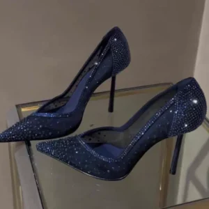 Blue mesh diamond studded pointed high-heeled shoes with fine heels crystal shoes, new slim heels hollowed out lace single shoes - Image 1