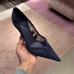 Blue mesh diamond studded pointed high-heeled shoes with fine heels crystal shoes, new slim heels hollowed out lace single shoes - Image 6