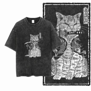COOLMIND DB cat Printed Cotton Acid Washed Exclusive Graphic Unisex T Shirt Cool Streetwear Men Tshirts Big Size Tee for men - Image 2