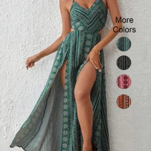 Deep V-Neck Backless Sling Dress with Thigh High Slit, Floral Print Beach Holiday Party Maxi Dress, Summer Women's Clothing - Image 1