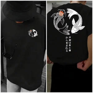 Koi Harajuku Japanese Pattern 100% Pure Cotton Men's T-shirt Summer Daily Outdoor Sports Street Casual Comfortable Short-sleeved - Image 2