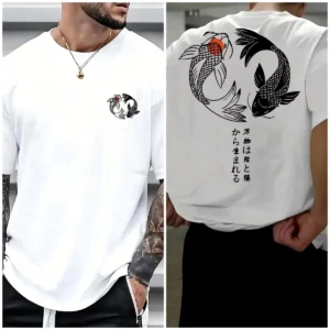 Koi Harajuku Japanese Pattern 100% Pure Cotton Men's T-shirt Summer Daily Outdoor Sports Street Casual Comfortable Short-sleeved - Image 3