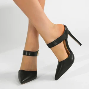 Liyke Fashion Design Metal Decoration Strap Women Pumps Slippers Cozy Leather Pointed Toe Black High Heels Shoes Stiletto Sandal - Image 4
