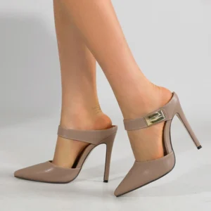 Liyke Fashion Design Metal Decoration Strap Women Pumps Slippers Cozy Leather Pointed Toe Black High Heels Shoes Stiletto Sandal - Image 3