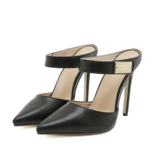 Liyke Fashion Design Metal Decoration Strap Women Pumps Slippers Cozy Leather Pointed Toe Black High Heels Shoes Stiletto Sandal - Image 5