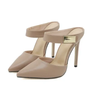 Liyke Fashion Design Metal Decoration Strap Women Pumps Slippers Cozy Leather Pointed Toe Black High Heels Shoes Stiletto Sandal - Image 6