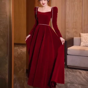 Mauroicardi Long Birthday Party Evening Soft Velvet Maxi Dresses for Women Puff Sleeve Square Neck Luxury Elegant Chic Clothing - Image 2