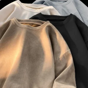 New Retro Suede T-shirt Men Women Anti-wrinkle Loose Crew Neck Casual TShirts Summer Short Sleeve Fashion High Street T Shirt - Image 1