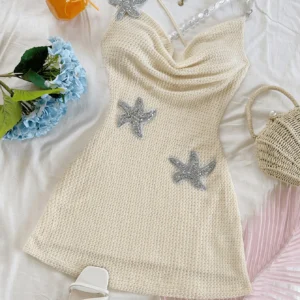Pure and sexy halter dress for women's spring collection, new hot girl sexy backless strap with five-pointed star embroidery - Image 4