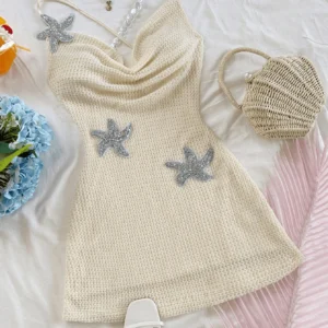 Pure and sexy halter dress for women's spring collection, new hot girl sexy backless strap with five-pointed star embroidery - Image 1