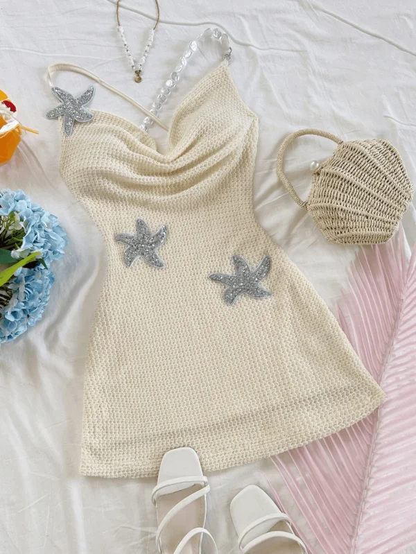 Pure and sexy halter dress for women's spring collection, new hot girl sexy backless strap with five-pointed star embroidery