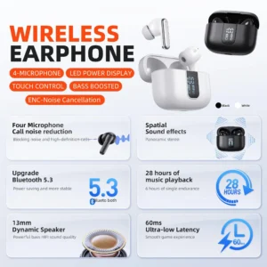 QERE E50 Wireless Headphones, TWS Bluetooth 5.3,HD Microphone,HIFI Earphones,13mm Driver,60ms Low Latency,4 Mics, ENC Call, New - Image 3