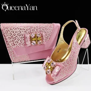 Queena Yan 2025 Shiny Italian Fashion Pointed Toe Women Heel Fashion Rhinestone Decoration Pink Color Shoes And Bag Set - Image 2