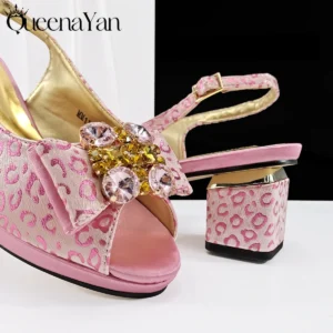 Queena Yan 2025 Shiny Italian Fashion Pointed Toe Women Heel Fashion Rhinestone Decoration Pink Color Shoes And Bag Set - Image 5