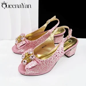 Queena Yan 2025 Shiny Italian Fashion Pointed Toe Women Heel Fashion Rhinestone Decoration Pink Color Shoes And Bag Set - Image 4