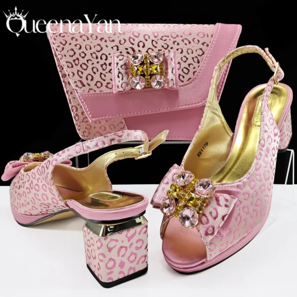 Queena Yan 2025 Shiny Italian Fashion Pointed Toe Women Heel Fashion Rhinestone Decoration Pink Color Shoes And Bag Set