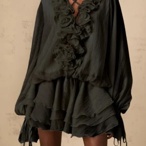 TWOTWINSTYLE Solid Loose Spliced 3D Flowers Dresses for Women V Neck Long Sleeves Patchwork Ruffles Fold Dress Female Clothing - Image 3