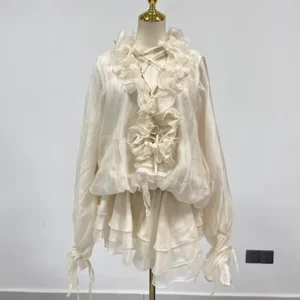 TWOTWINSTYLE Solid Loose Spliced 3D Flowers Dresses for Women V Neck Long Sleeves Patchwork Ruffles Fold Dress Female Clothing - Image 5
