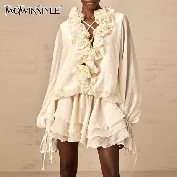 TWOTWINSTYLE Solid Loose Spliced 3D Flowers Dresses for Women V Neck Long Sleeves Patchwork Ruffles Fold Dress Female Clothing