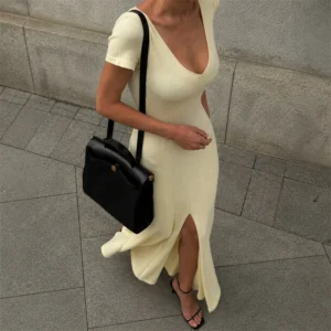 Tsiisd Ribbed Knit Maxi Dress For Women Deep V-Neck Slim High Slit Elegant Patchwork Commute Party Dress Women Knitwear Dress - Image 2