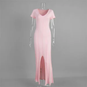 Tsiisd Ribbed Knit Maxi Dress For Women Deep V-Neck Slim High Slit Elegant Patchwork Commute Party Dress Women Knitwear Dress - Image 6