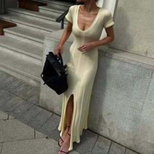 Tsiisd Ribbed Knit Maxi Dress For Women Deep V-Neck Slim High Slit Elegant Patchwork Commute Party Dress Women Knitwear Dress - Image 3