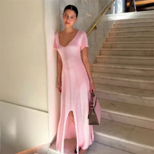 Tsiisd Ribbed Knit Maxi Dress For Women Deep V-Neck Slim High Slit Elegant Patchwork Commute Party Dress Women Knitwear Dress - Image 4