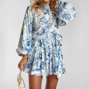 VEITCHE Spring Autumn Vintage Printed Lace-Up Shirt Mini Dress Ruffled Pleated Long Sleeve High Street Women's Short Dresses - Image 2