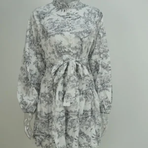 VEITCHE Spring Autumn Vintage Printed Lace-Up Shirt Mini Dress Ruffled Pleated Long Sleeve High Street Women's Short Dresses - Image 6