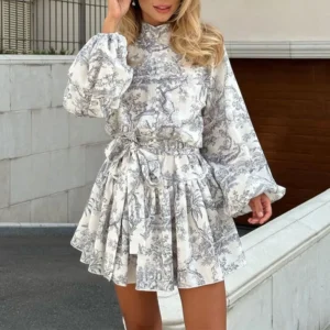 VEITCHE Spring Autumn Vintage Printed Lace-Up Shirt Mini Dress Ruffled Pleated Long Sleeve High Street Women's Short Dresses - Image 4