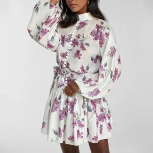 VEITCHE Spring Autumn Vintage Printed Lace-Up Shirt Mini Dress Ruffled Pleated Long Sleeve High Street Women's Short Dresses - Image 5