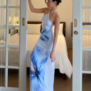 Weird Puss Beach Vacation Dress Women See Through Flower Print Halter Backless Bandage Sleeveless Party Club Stretch Bodycon - Image 2