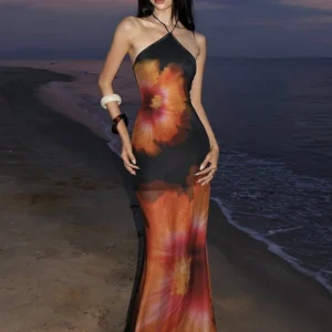 Weird Puss Beach Vacation Dress Women See Through Flower Print Halter Backless Bandage Sleeveless Party Club Stretch Bodycon - Image 4