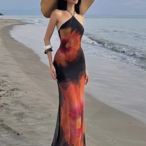 Weird Puss Beach Vacation Dress Women See Through Flower Print Halter Backless Bandage Sleeveless Party Club Stretch Bodycon - Image 1