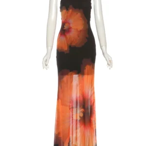 Weird Puss Beach Vacation Dress Women See Through Flower Print Halter Backless Bandage Sleeveless Party Club Stretch Bodycon - Image 6