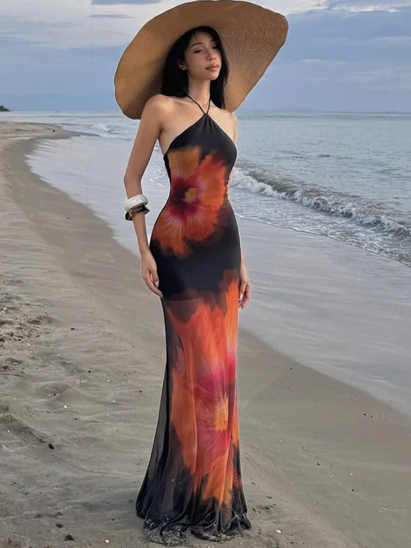 Weird Puss Beach Vacation Dress Women See Through Flower Print Halter Backless Bandage Sleeveless Party Club Stretch Bodycon