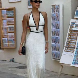 Weird Puss Sexy Elegant Halter Dress Women Summer Backless Lace-Up Color-Block Sleeveless Trendy Nightclub Wild Fashion Clothing - Image 3